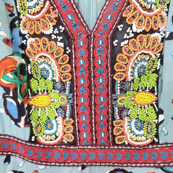 Akemi + Kin Bohemian Beaded Floral Midi Dress With V-Neck & Long Sleeves Anthrop - Picture 7 of 8